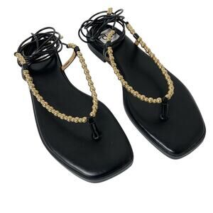 Dolce Vita Black Gold Beaded Lace Up Gladiator Flat Sandals Size 9.5 NEW IN BOX